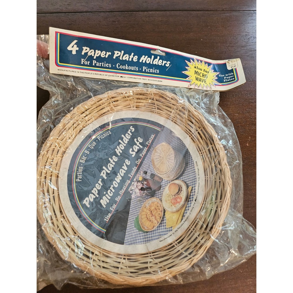 Vintage Kmart Paper Plate Holders Tan Wicker Microwave Safe Vintage 4 Pack